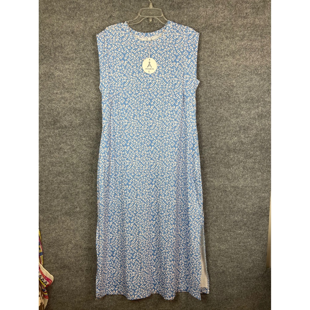 Anrabess Maxi‎ Dress Women L Blue Floral NEW Sleeveless Slit Pockets Summer